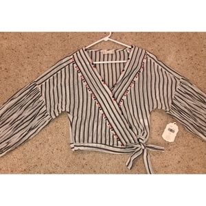 Altar'd State Black & White Striped Tie Blouse